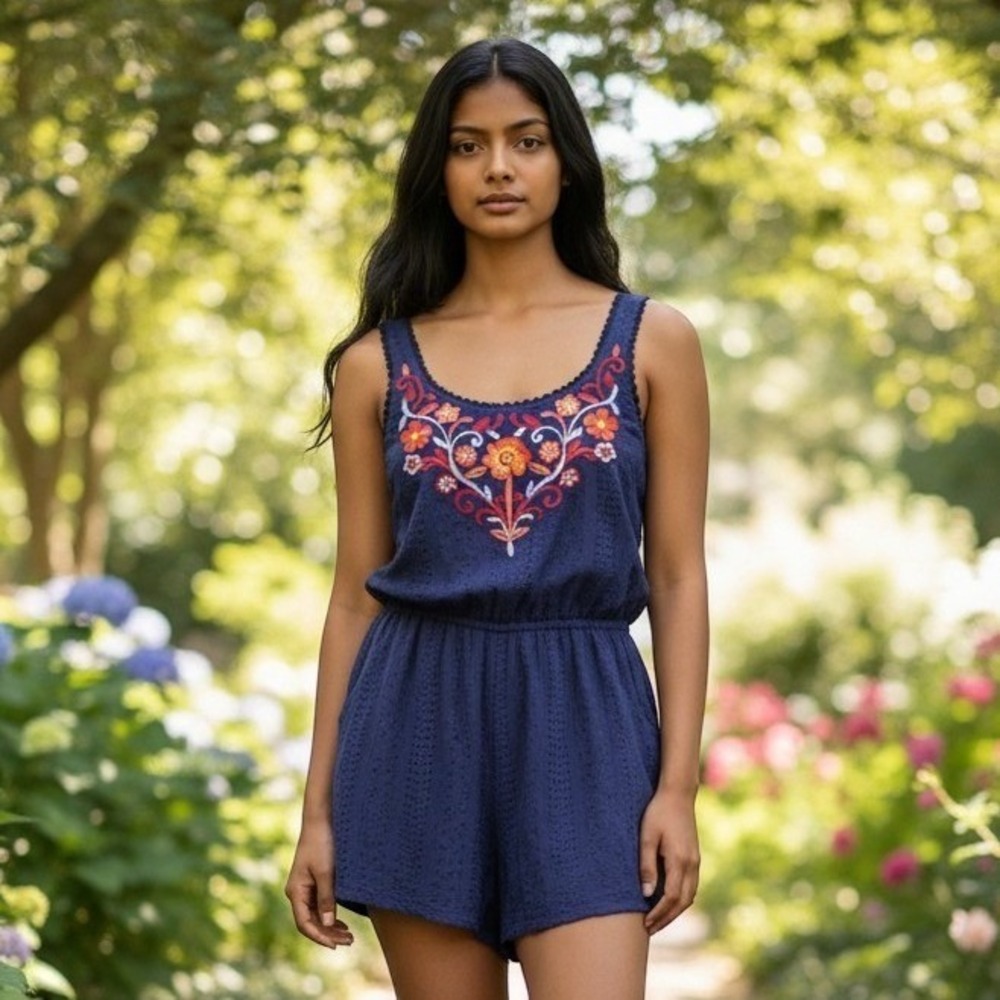 Xhilaration Boho Floral Embroidery Eyelet Lace Indie‎ Romper Navy Blue Small